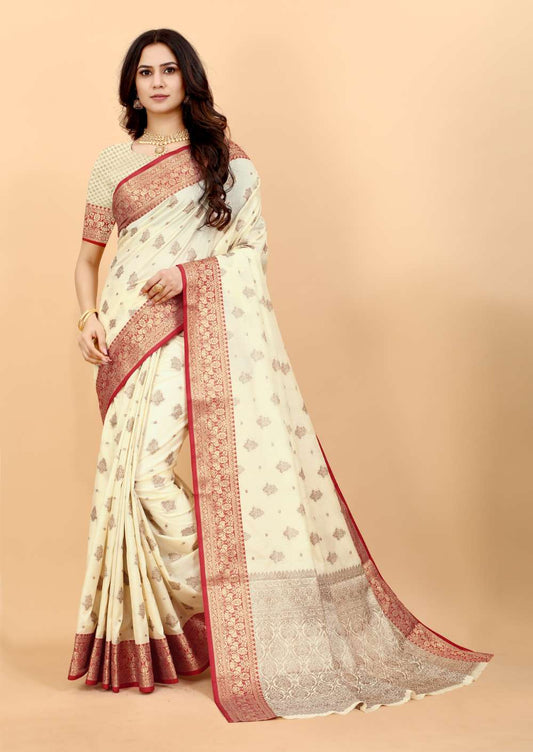 Cream Color Soft Magic Slub Soft Silk Saree  With Rich golden Zari Woven  Pallu & Zari weaving Border Saree With Unstitch Blouse Pieces.