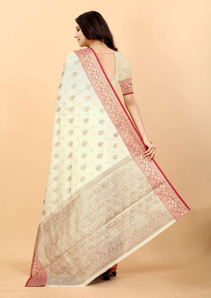 Cream Color Soft Magic Slub Soft Silk Saree  With Rich golden Zari Woven  Pallu & Zari weaving Border Saree With Unstitch Blouse Pieces.