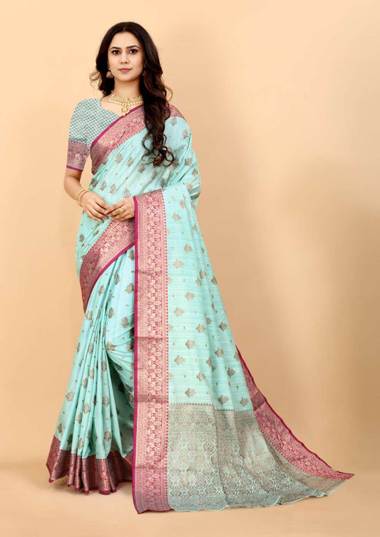 Light Blue Color Soft Magic Slub Soft Silk Saree  With Rich golden Zari Woven  Pallu & Zari weaving Border Saree With Unstitch Blouse Pieces.