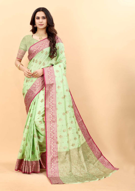 Pista Color Soft Magic Slub Soft Silk Saree  With Rich golden Zari Woven  Pallu & Zari weaving Border Saree With Unstitch Blouse Pieces.