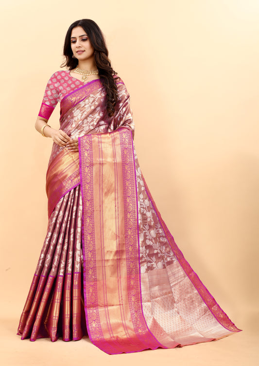 Women's Soft Kanjeevaram Silk Saree with Golden Zari Woven and Beautiful Rich Pallu Design & Jacquard Work Saree With Unstiched Blouse Piece.