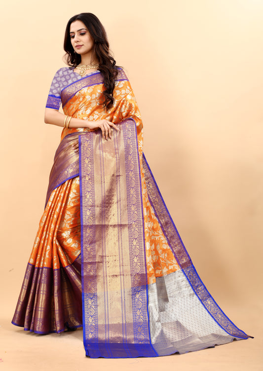 Women's Soft Kanjeevaram Silk Saree with Golden Zari Woven and Beautiful Rich Pallu Design & Jacquard Work Saree With Unstiched Blouse Piece.