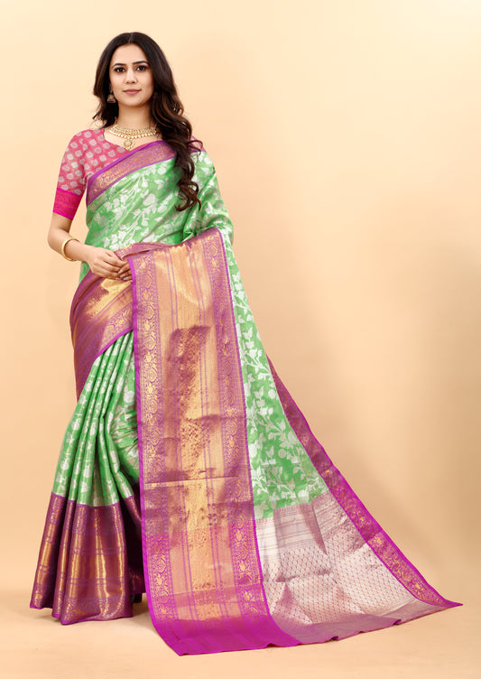 Women's Soft Kanjeevaram Silk Saree with Golden Zari Woven and Beautiful Rich Pallu Design & Jacquard Work Saree With Unstiched Blouse Piece.