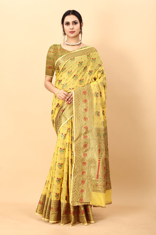 Mustured Color Golden Zari Woven Work Exclusive Women's Soft Cotton Silk Saree with Unstiched Blouse Pieces.