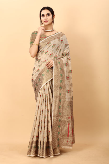 Cream Color Golden Zari Woven Work Exclusive Women's Soft Cotton Silk Saree with Unstiched Blouse Pieces.