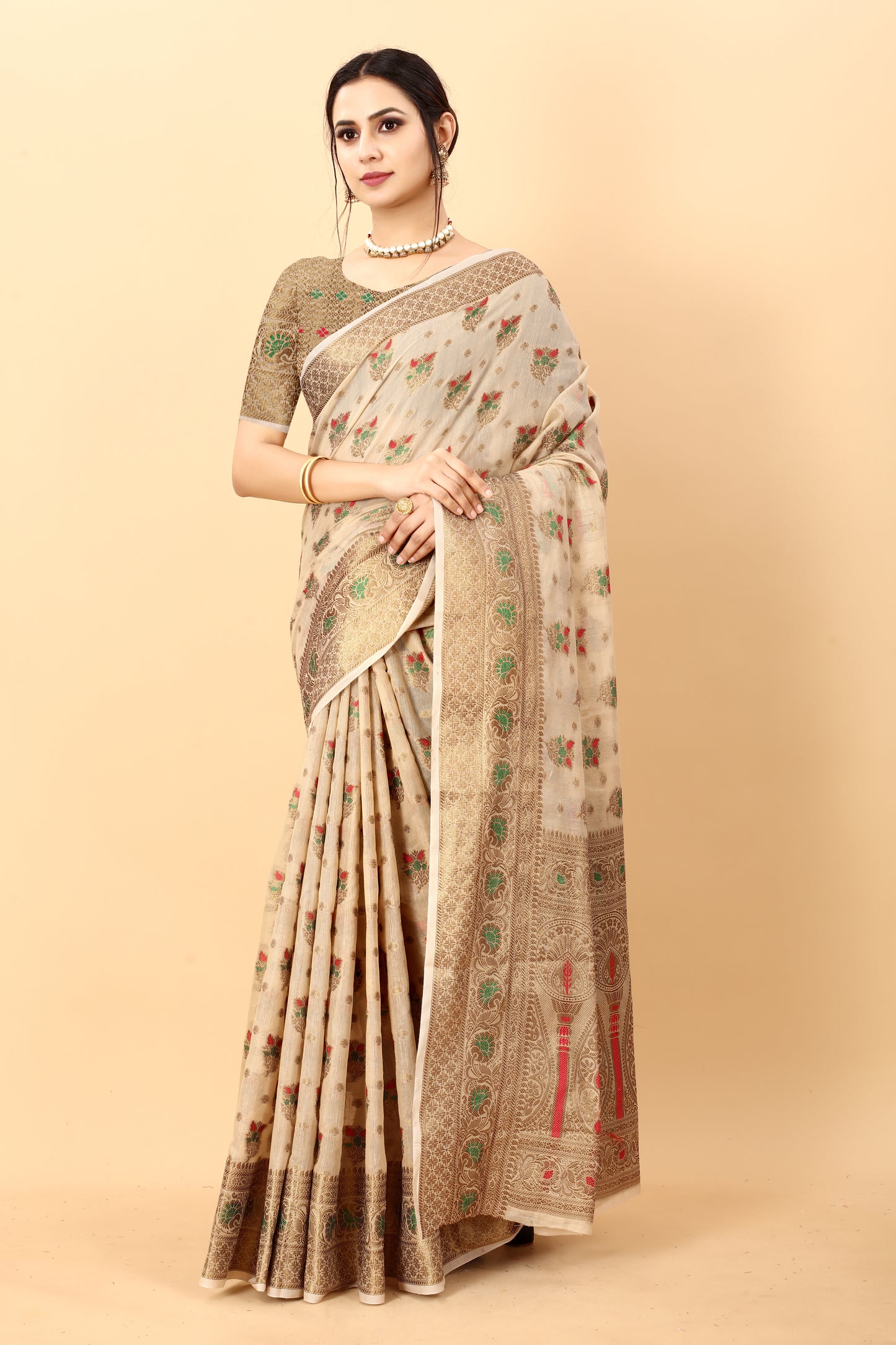 Cream Color Golden Zari Woven Work Exclusive Women's Soft Cotton Silk Saree with Unstiched Blouse Pieces.