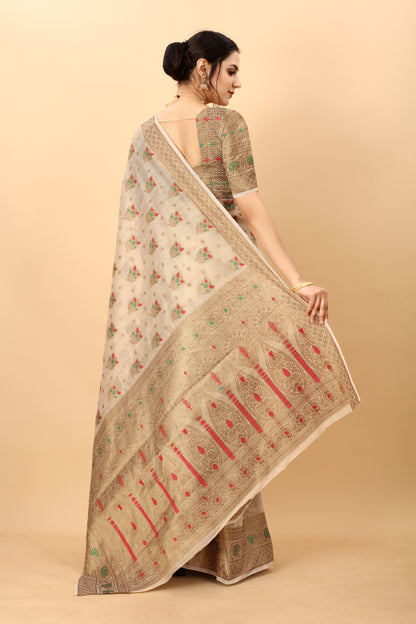 Cream Color Golden Zari Woven Work Exclusive Women's Soft Cotton Silk Saree with Unstiched Blouse Pieces.