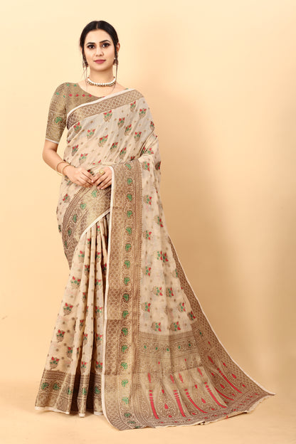 Cream Color Golden Zari Woven Work Exclusive Women's Soft Cotton Silk Saree with Unstiched Blouse Pieces.