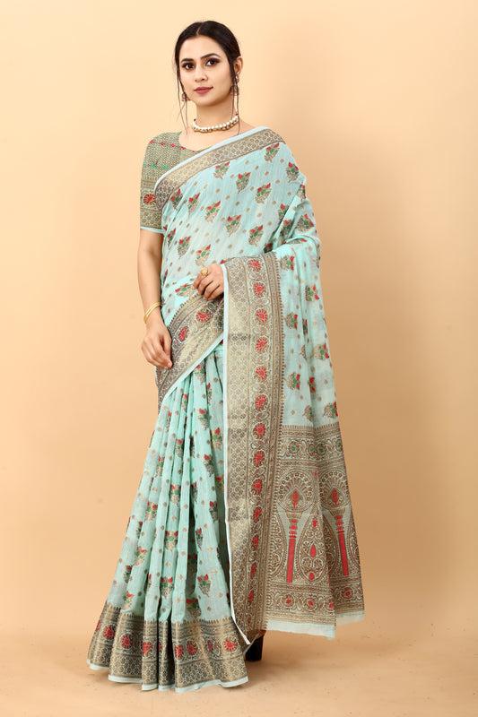 Light Blue Color Golden Zari Woven Work Exclusive Women's Soft Cotton Silk Saree with Unstiched Blouse Pieces.