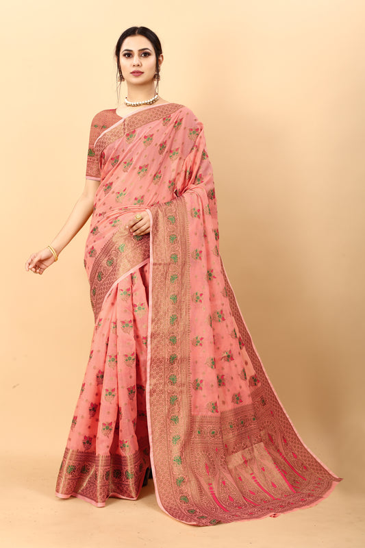 Peach Color Golden Zari Woven Work Exclusive Women's Soft Cotton Silk Saree with Unstiched Blouse Pieces.