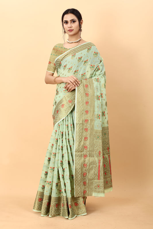 Pista Color Golden Zari Woven Work Exclusive Women's Soft Cotton Silk Saree with Unstiched Blouse Pieces.