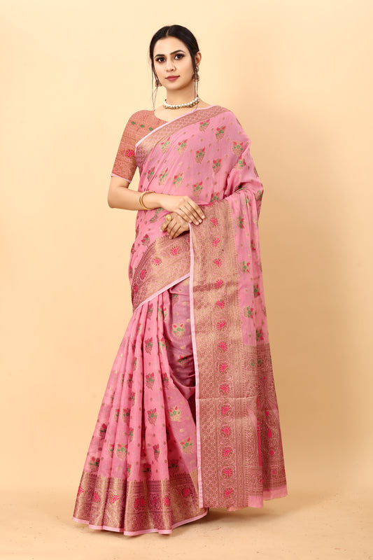 Pink Color Golden Zari Woven Work Exclusive Women's Soft Cotton Silk Saree with Unstiched Blouse Pieces.