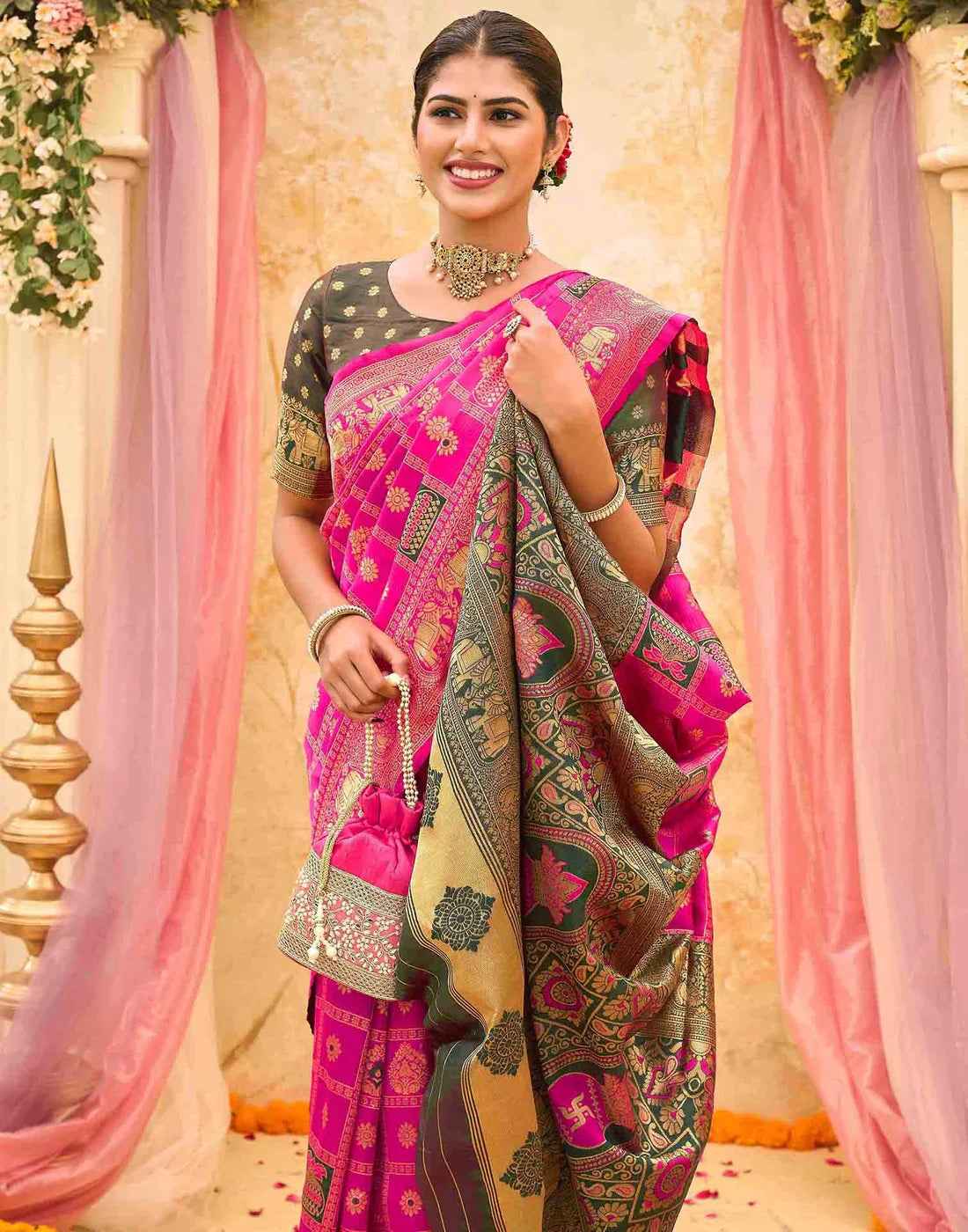 Women's Mustard Yellow Banarasi Silk Saree with Rich Woven Zari Border & Unstitched Blouse
