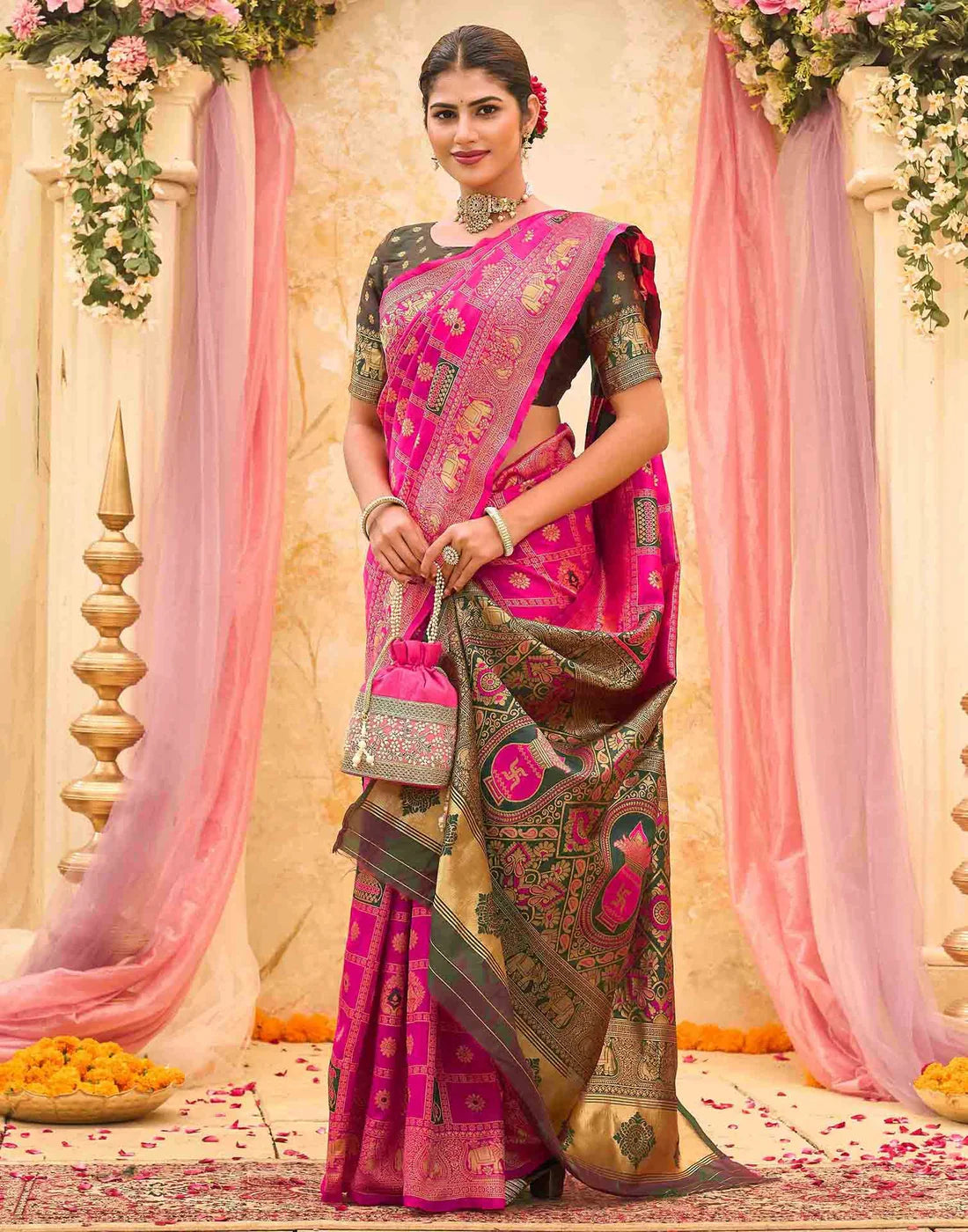 Women's Mustard Yellow Banarasi Silk Saree with Rich Woven Zari Border & Unstitched Blouse
