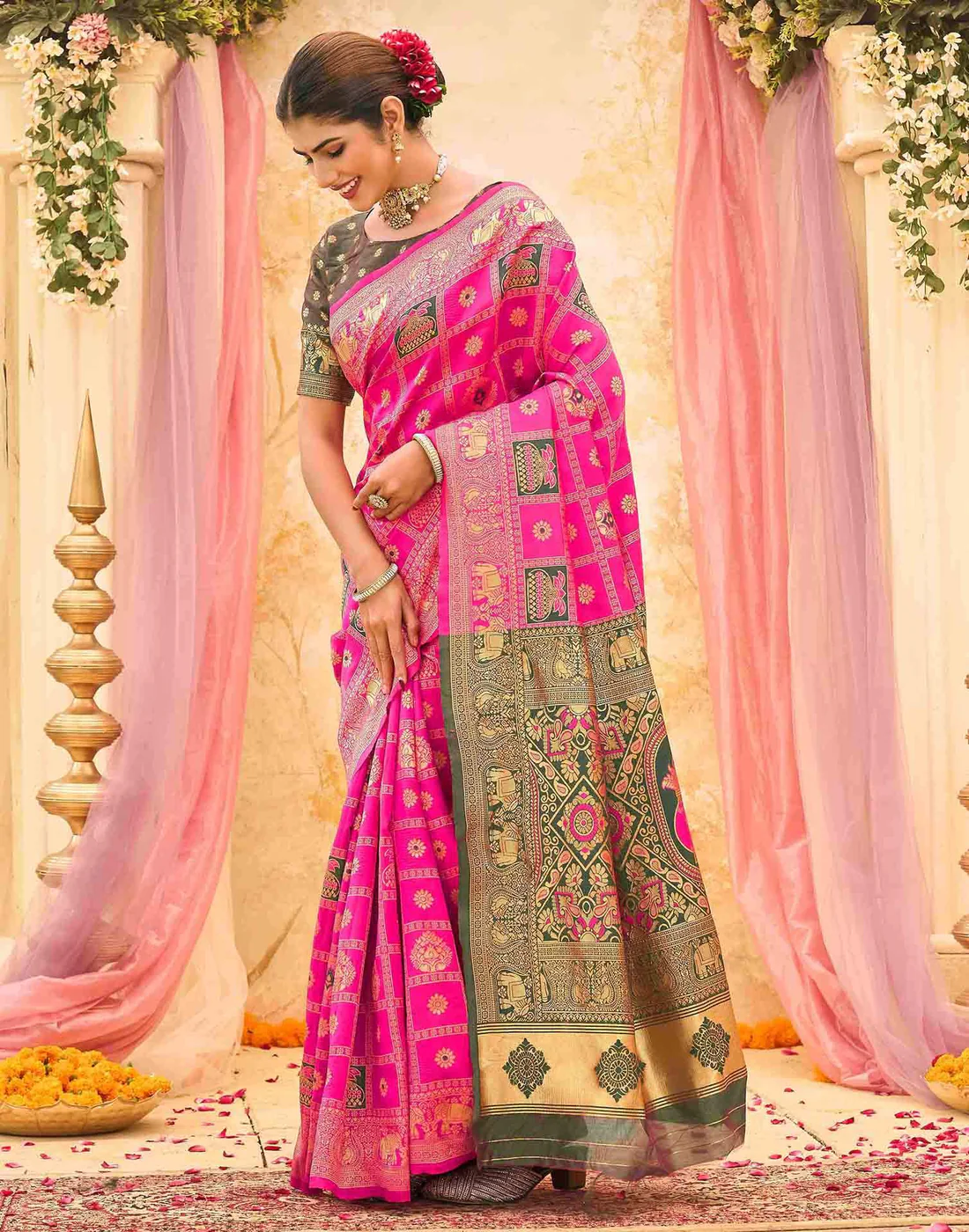 Women's Mustard Yellow Banarasi Silk Saree with Rich Woven Zari Border & Unstitched Blouse