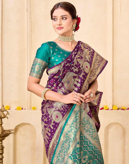 KeKoVi Women's Dark Green Banarasi Art Silk Saree with Rich Zari Border & Red Unstitched Blouse | Traditional Wedding & Festive Wear