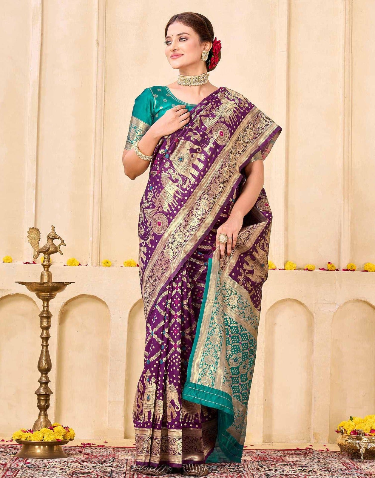KeKoVi Women's Dark Green Banarasi Art Silk Saree with Rich Zari Border & Red Unstitched Blouse | Traditional Wedding & Festive Wear