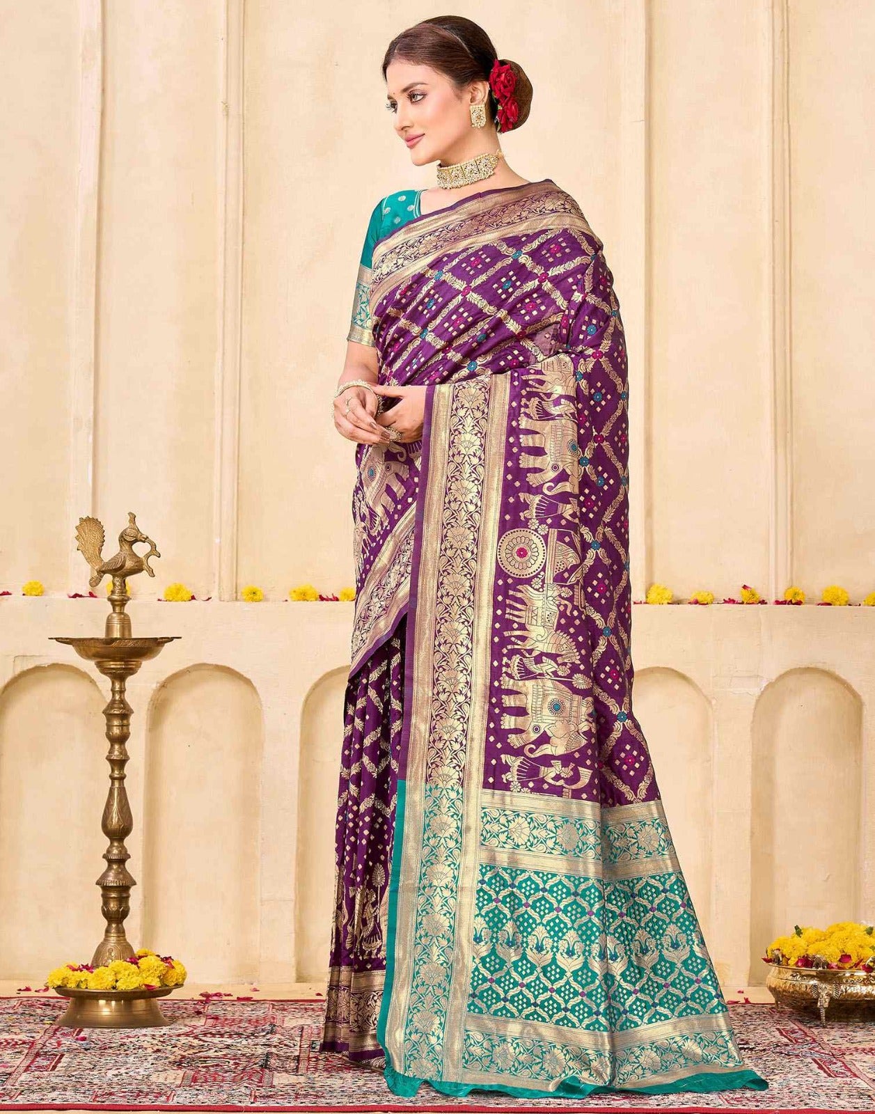 KeKoVi Women's Dark Green Banarasi Art Silk Saree with Rich Zari Border & Red Unstitched Blouse | Traditional Wedding & Festive Wear