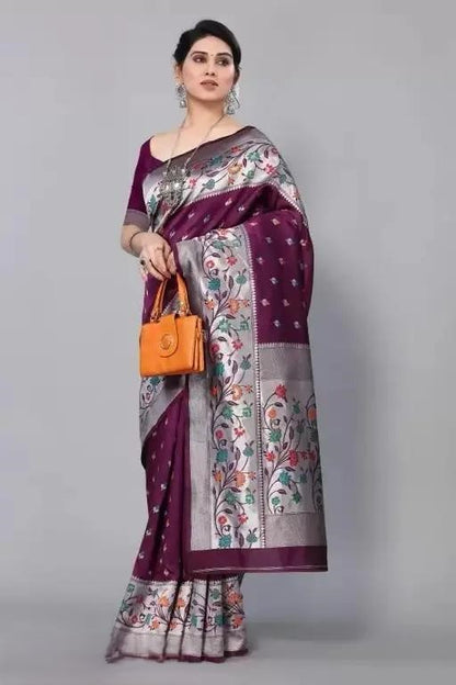 KeKoVi Black Floral Soft Silk Saree with Silver Woven Border & Unstitched Blouse | Party Wear | Wedding & Festive Saree