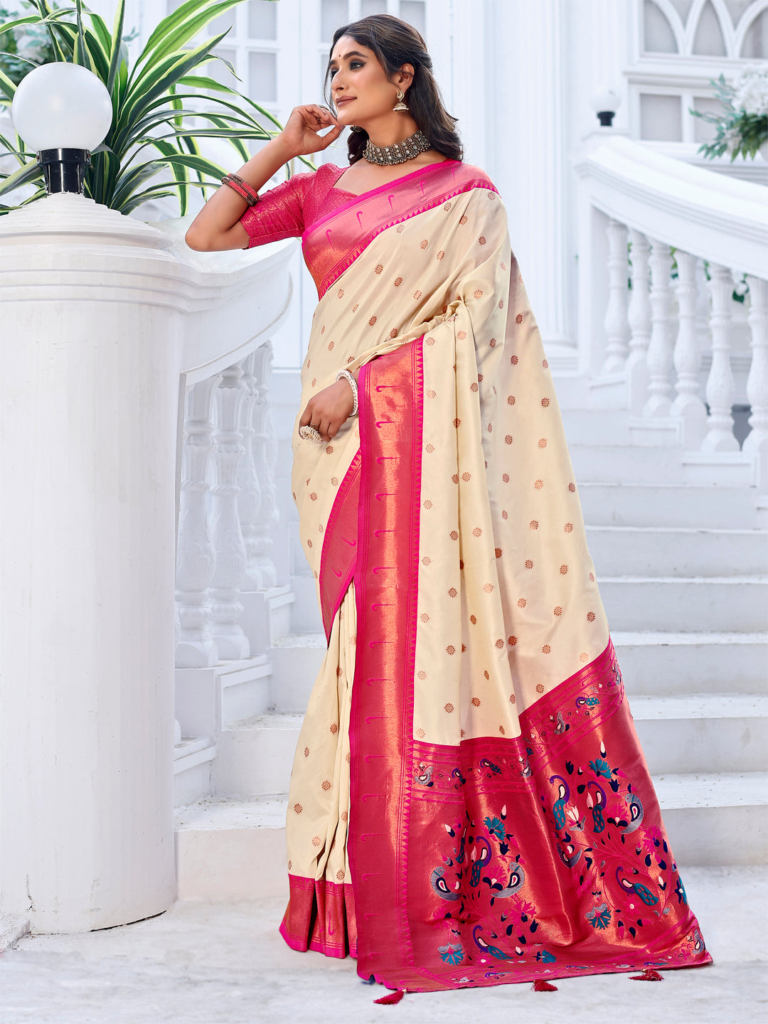 Pink and Cream color beautiful paithani saree with rich meenakari work with Rich Pallu Weawing  With Blouse Piece.