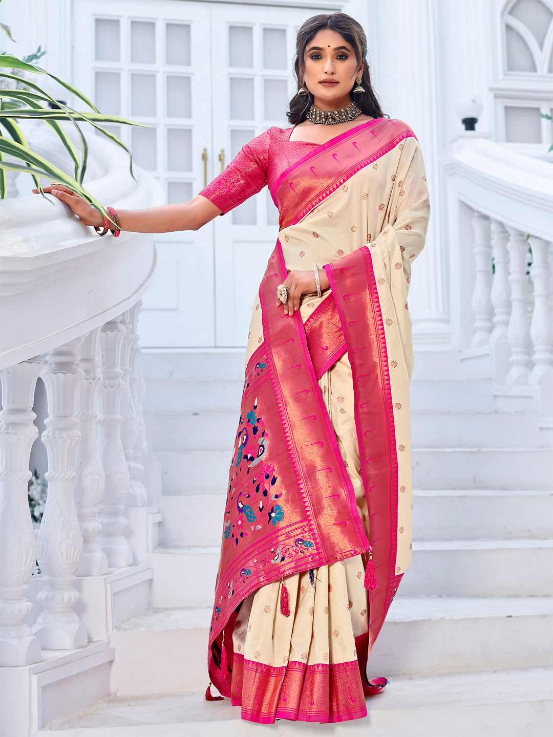 Pink and Cream color beautiful paithani saree with rich meenakari work with Rich Pallu Weawing  With Blouse Piece.