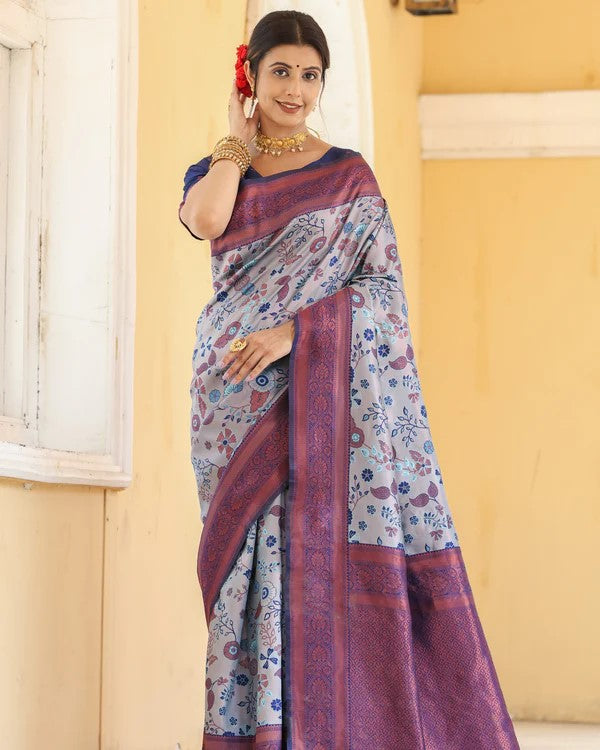 KeKoVi Olive Green Banarasi Silk Saree with Rich Zari Floral Weaving & Unstitched Blouse | Festive, Wedding & Party Wear