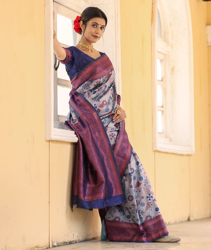 KeKoVi Olive Green Banarasi Silk Saree with Rich Zari Floral Weaving & Unstitched Blouse | Festive, Wedding & Party Wear