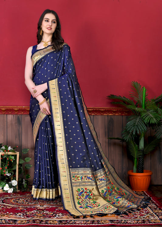 Soft Paithani Silk Saree with Gold Zari Weaving Motifs