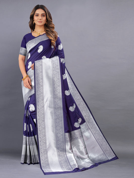 Nevy Blue Color Women's Soft Kanjeevaram Silk Saree with Silver Zari Woven and Beautiful Rich Pallu Design & Jacquard Work Saree With Unstiched Blouse Piece.