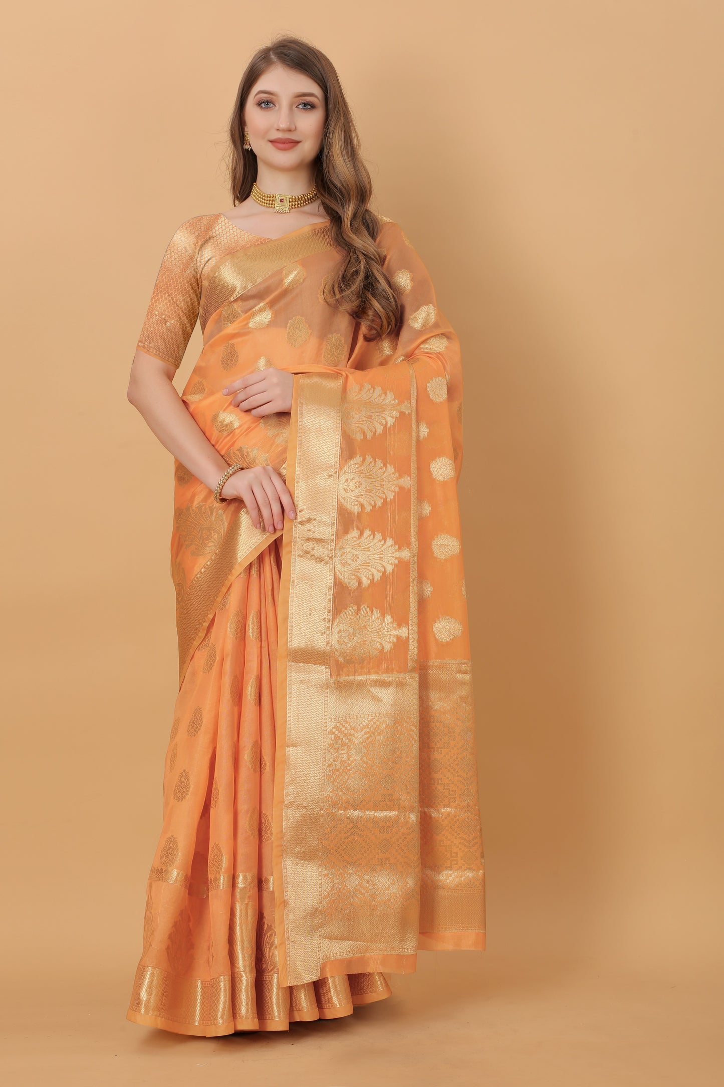 Orange Color Women’s Rich Golden Zari Woven Soft Organza Silk Saree with Unstitched Blouse Piece.