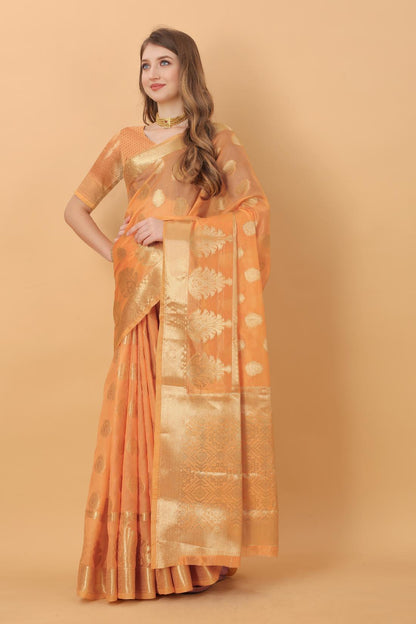 Orange Color Women’s Rich Golden Zari Woven Soft Organza Silk Saree with Unstitched Blouse Piece.