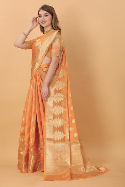 Orange Color Women’s Rich Golden Zari Woven Soft Organza Silk Saree with Unstitched Blouse Piece.