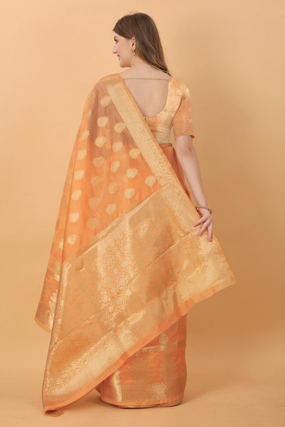 Orange Color Women’s Rich Golden Zari Woven Soft Organza Silk Saree with Unstitched Blouse Piece.