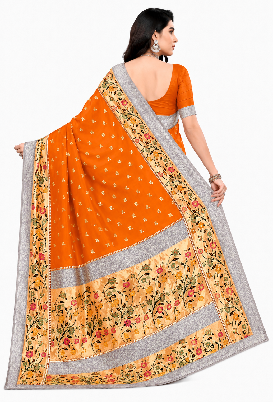 KeKoVi Black Floral Soft Silk Saree with Silver Woven Border & Unstitched Blouse | Party Wear | Wedding & Festive Saree
