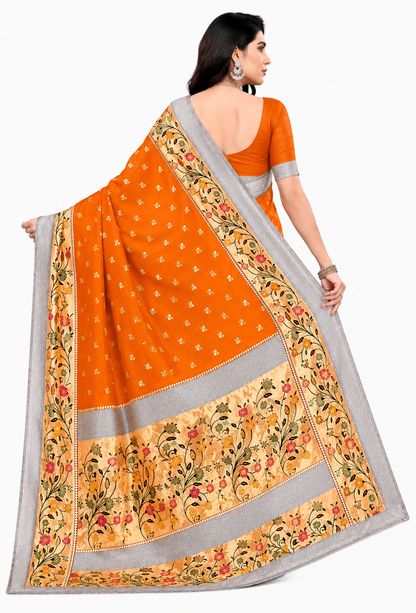 KeKoVi Black Floral Soft Silk Saree with Silver Woven Border & Unstitched Blouse | Party Wear | Wedding & Festive Saree