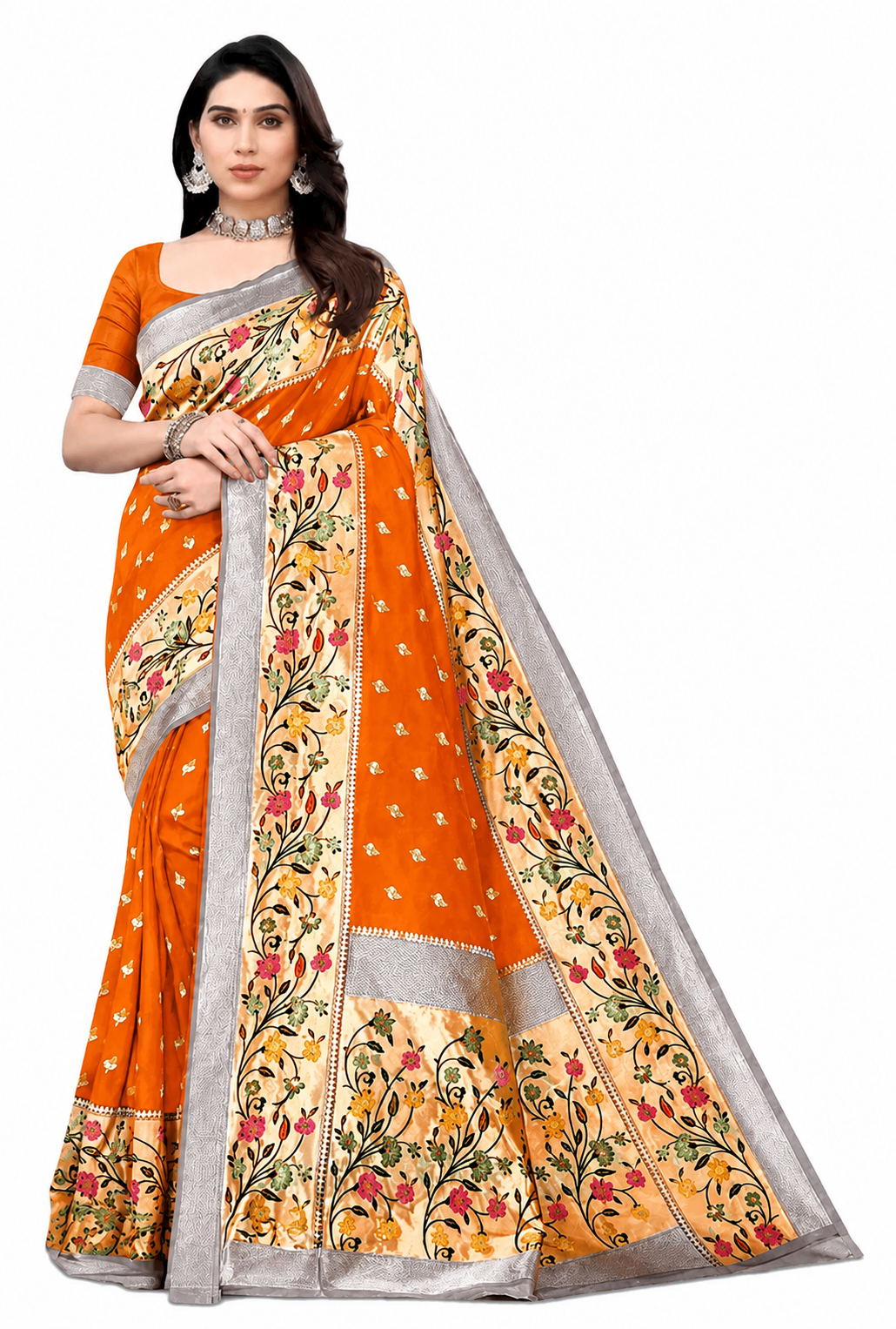 KeKoVi Black Floral Soft Silk Saree with Silver Woven Border & Unstitched Blouse | Party Wear | Wedding & Festive Saree