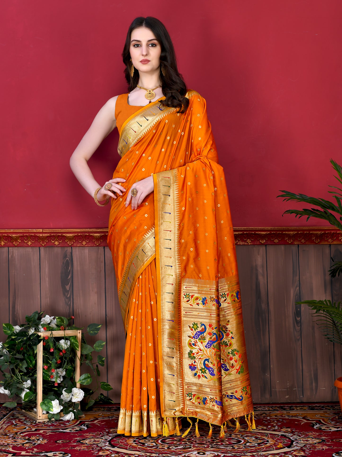 Soft Paithani Silk Saree with Gold Zari Weaving Motifs