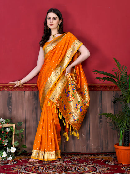 Soft Paithani Silk Saree with Gold Zari Weaving Motifs