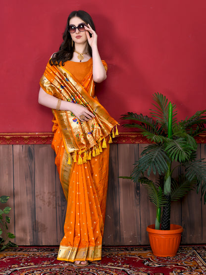 Soft Paithani Silk Saree with Gold Zari Weaving Motifs