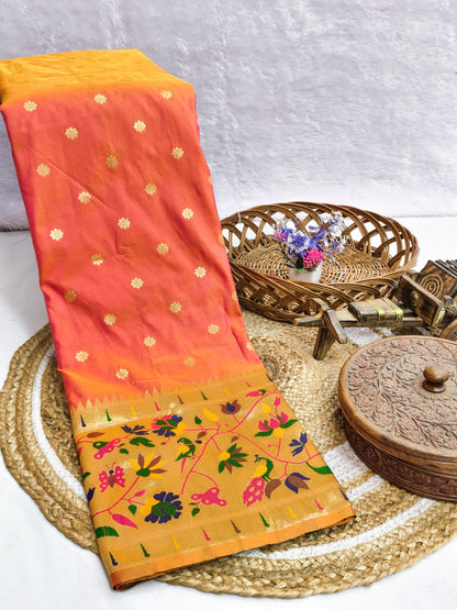 Rama Green Paithani Style Silk Saree with Floral Zari Border & Unstitched Blouse