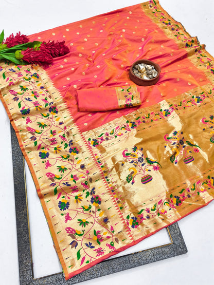 Rama Green Paithani Style Silk Saree with Floral Zari Border & Unstitched Blouse