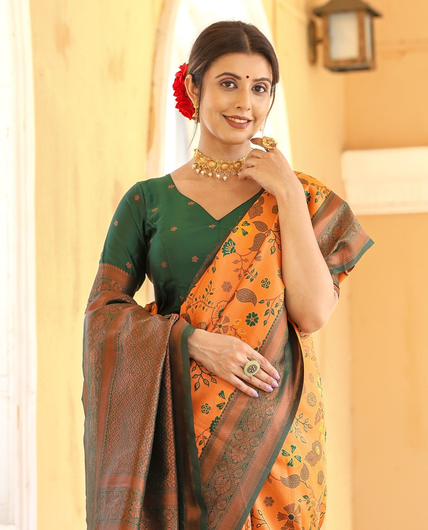 KeKoVi Olive Green Banarasi Silk Saree with Rich Zari Floral Weaving & Unstitched Blouse | Festive, Wedding & Party Wear