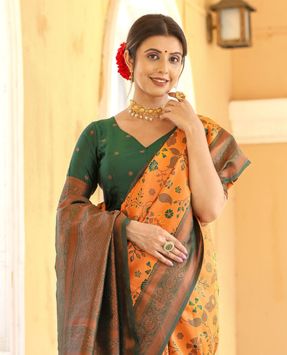 KeKoVi Olive Green Banarasi Silk Saree with Rich Zari Floral Weaving & Unstitched Blouse | Festive, Wedding & Party Wear