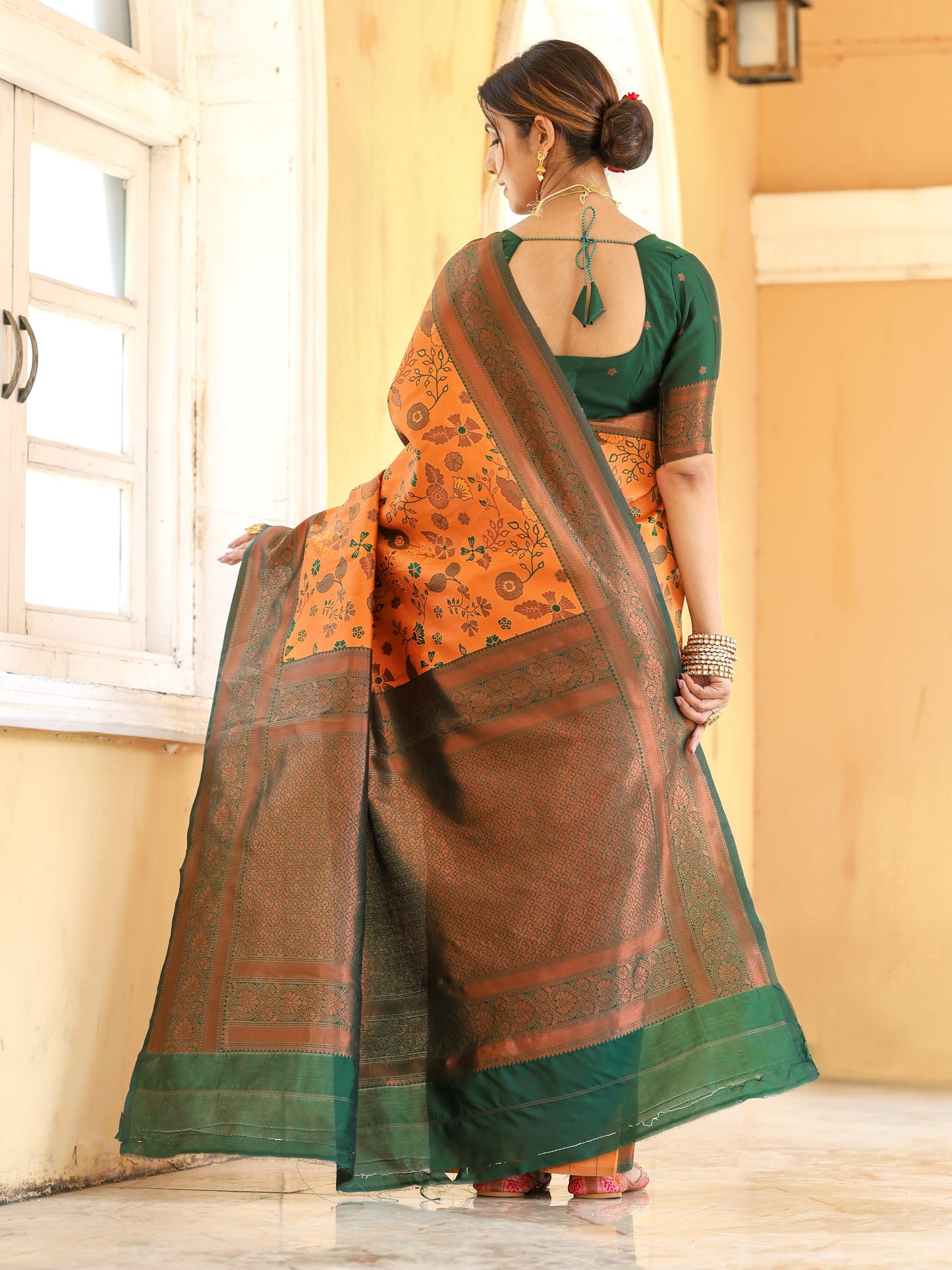 KeKoVi Olive Green Banarasi Silk Saree with Rich Zari Floral Weaving & Unstitched Blouse | Festive, Wedding & Party Wear