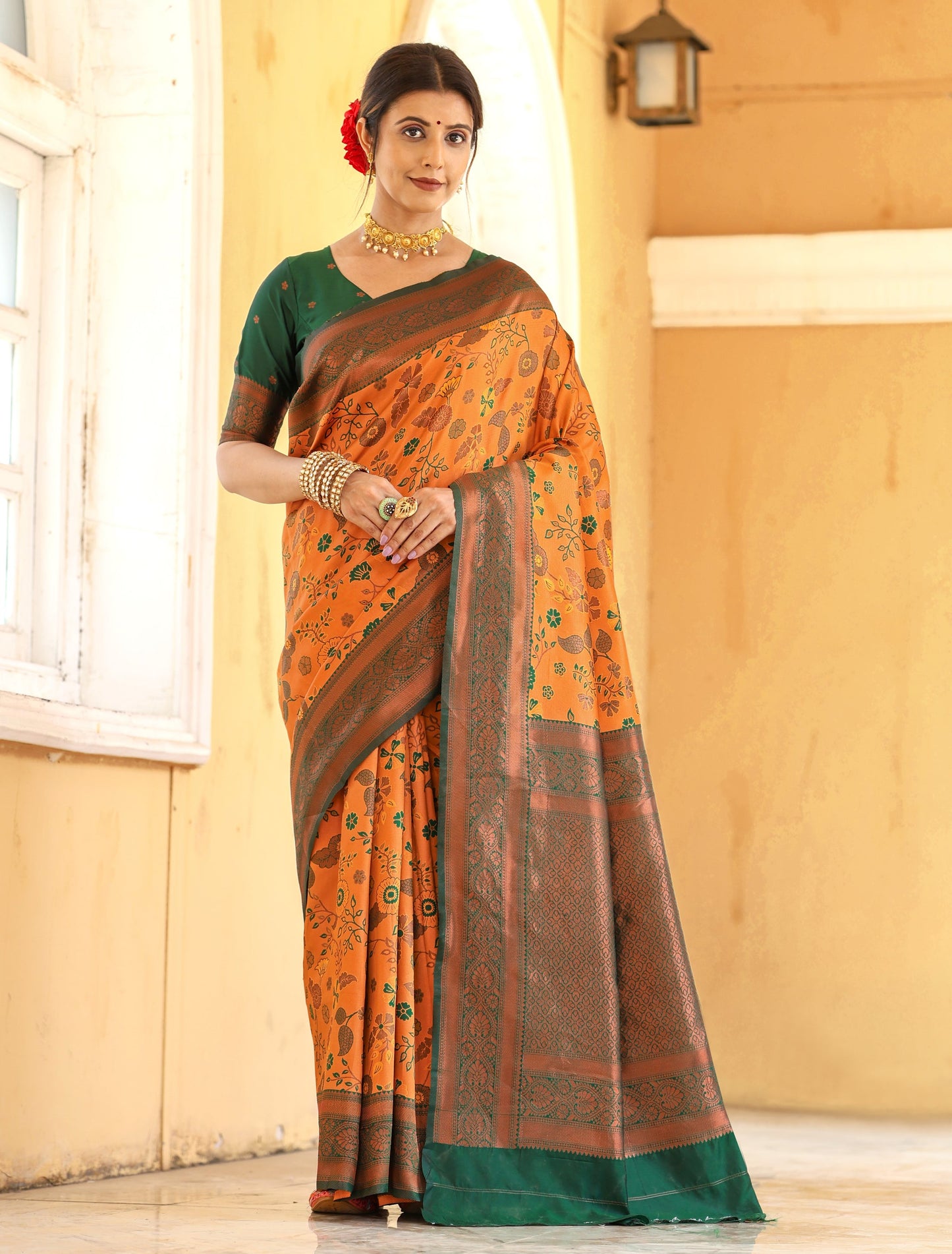 KeKoVi Olive Green Banarasi Silk Saree with Rich Zari Floral Weaving & Unstitched Blouse | Festive, Wedding & Party Wear