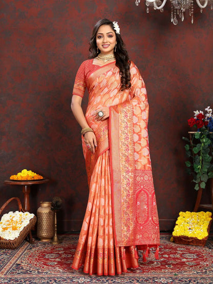 Orange & Red Color Women’s Zari Woven Designer Soft Organza Silk Saree and Rich Pallu Weawing Unstitched Blouse With Blouse Piece.