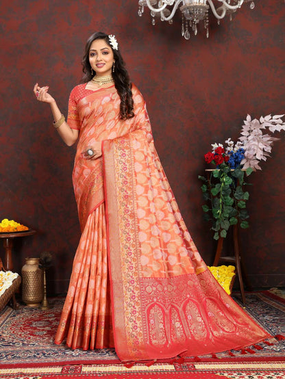 Orange & Red Color Women’s Zari Woven Designer Soft Organza Silk Saree and Rich Pallu Weawing Unstitched Blouse With Blouse Piece.