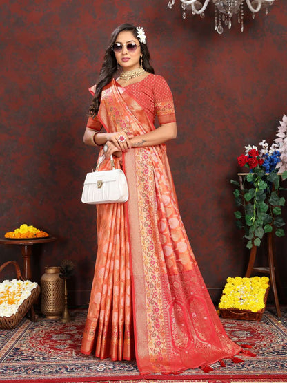 Orange & Red Color Women’s Zari Woven Designer Soft Organza Silk Saree and Rich Pallu Weawing Unstitched Blouse With Blouse Piece.