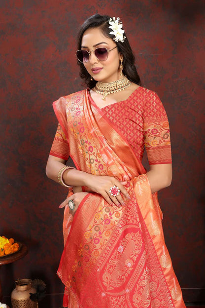 Orange & Red Color Women’s Zari Woven Designer Soft Organza Silk Saree and Rich Pallu Weawing Unstitched Blouse With Blouse Piece.