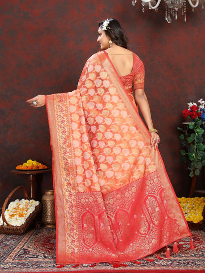 Orange & Red Color Women’s Zari Woven Designer Soft Organza Silk Saree and Rich Pallu Weawing Unstitched Blouse With Blouse Piece.